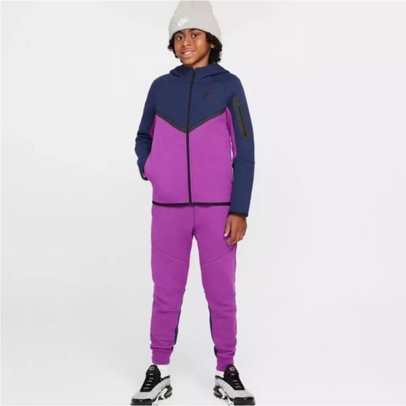 Nike Sportswear Tech Fleece Jogger Hoodie 2-PC Purple Navy Tracksuit - Picture 2 of 10